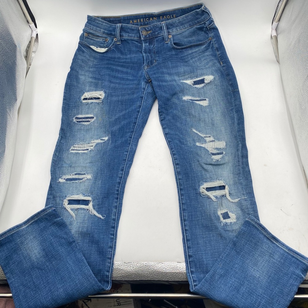 American Eagle Slim Level Flex Jeans Mens 32x34 Blue Distressed Patched‎ Ripped